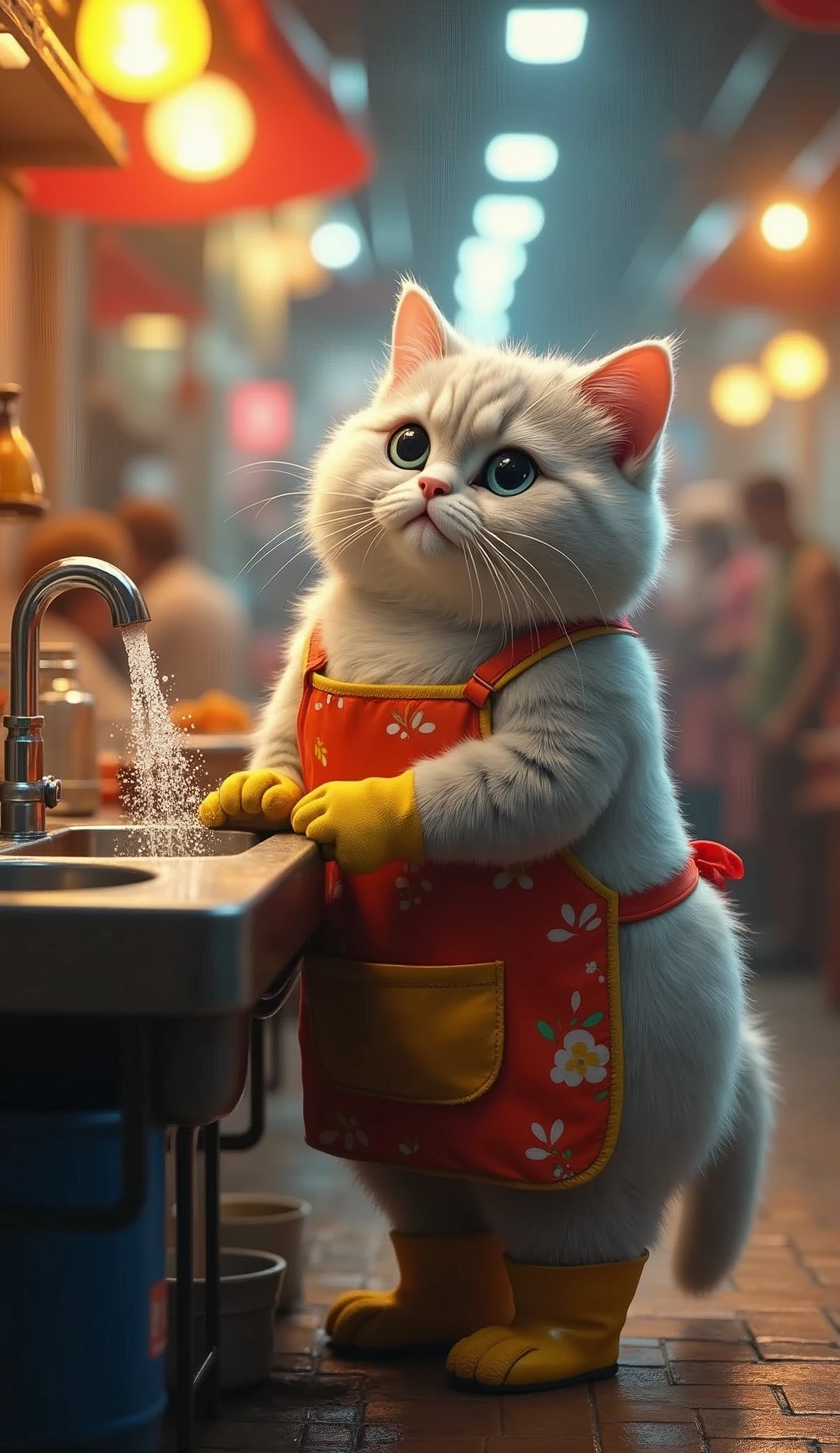 A cute light grey, chubby cat with thick, fluffy fur is washing dishes in a lively Indonesian restaurant. The cat stands in front of a sink with water flowing from the faucet, with a bucket placed underneath. The cat is dressed in rubber gloves, boots, and an apron, looking adorably determined as it goes about its task amidst the bustling, crowded atmosphere of the restaurant.