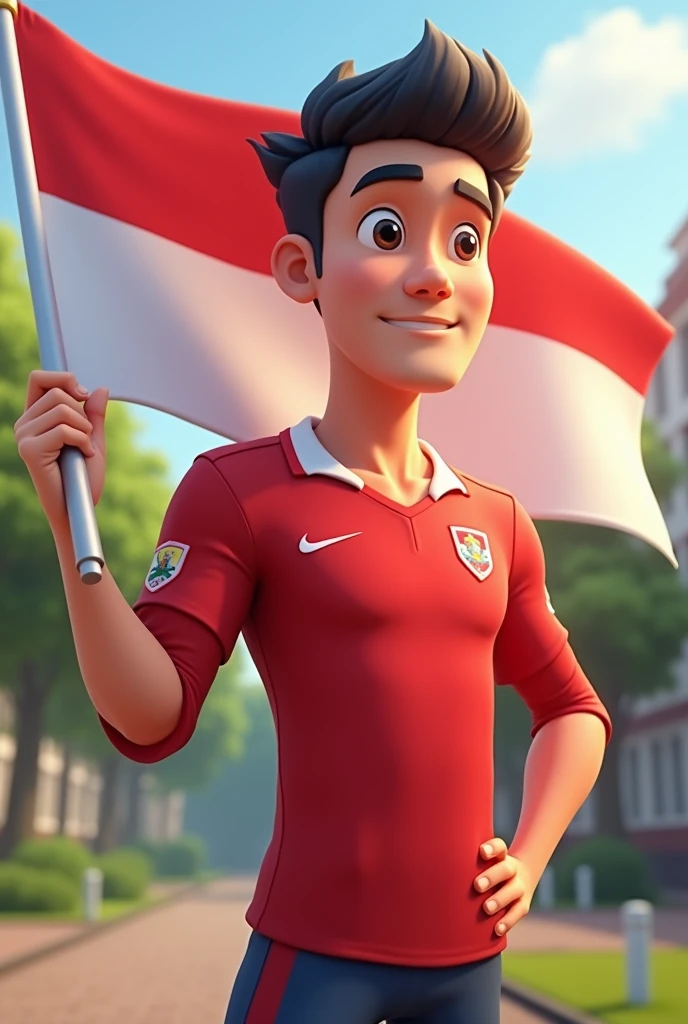 3D cartoon image , Cheerful style carrying the red and white flag of a handsome adult Indonesian man aged 30 years old, tall and fat, wearing a long-sleeved sports shirt with a red and white pattern, Happy Republic of Indonesia, casual , , high resolution 4K; realistic, original photo