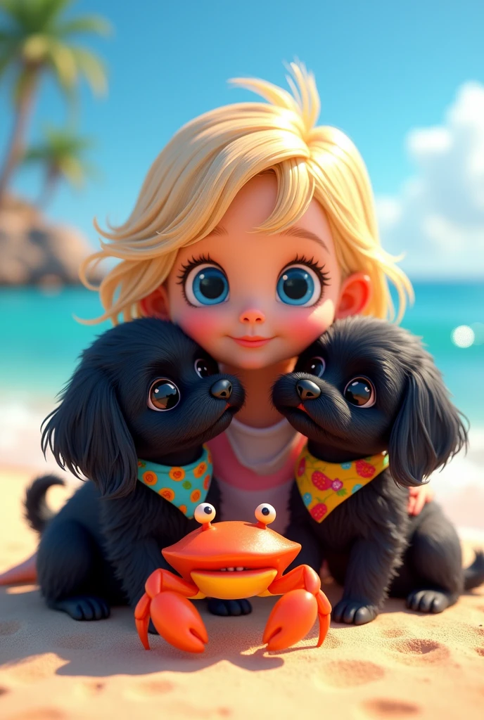 cute adorable 2 black shih tzu puppies, cute blonde girl, extremely detailed, big blue eyes, wearing colorful collar and bandana, getting bit by bright colorful crab, 3D Pixar style, at beach, photorealistic, (best quality,8k,highres,masterpiece:1.2),ultra-detailed,(realistic:1.37),HDR,vivid colors,studio lighting