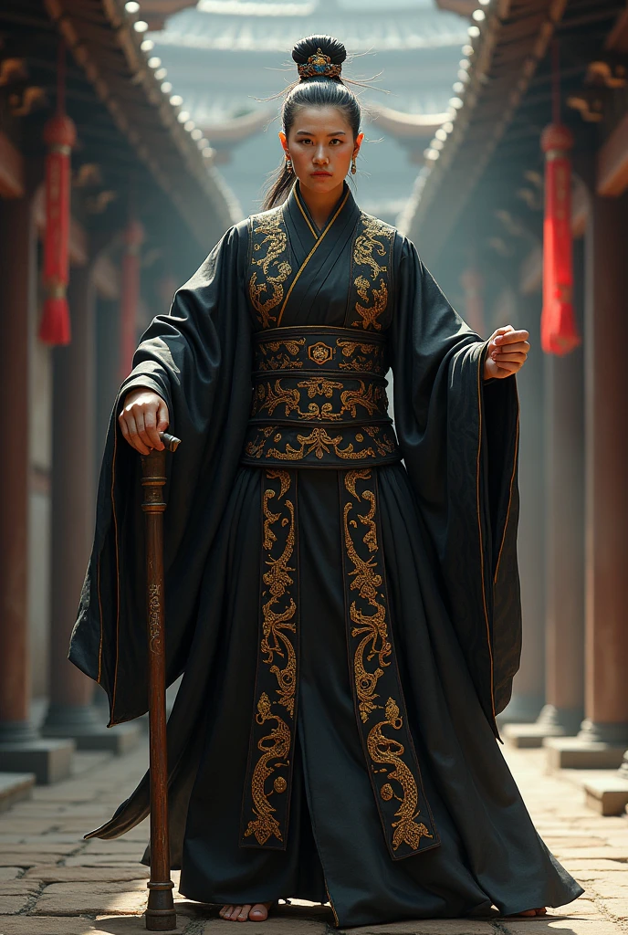 70 years old,Ming Dynasty,Big breasts,Black clothes with a golden dragon pattern,Female master,crutch,High martial arts