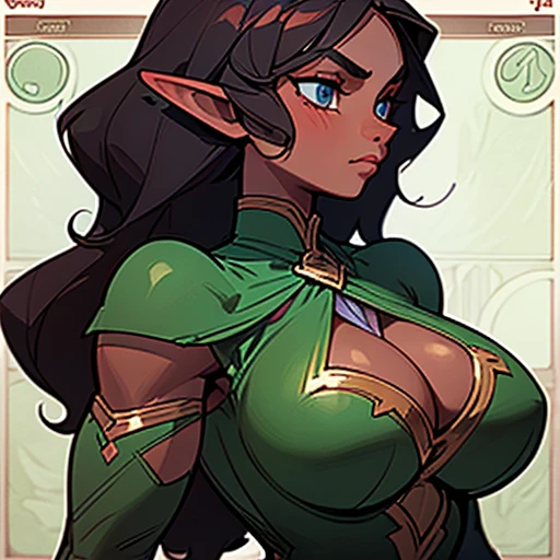 A teenage elf warrior girl

She has dark skin and long Curly and wine  dark hair. She has a muscular and toned body with huge breasts and hourglass-shaped hips.

Dressed transparent erotic underwear with green trim 

(((character sheet))) ((various views)) ((front and back) (Face detail) (full body