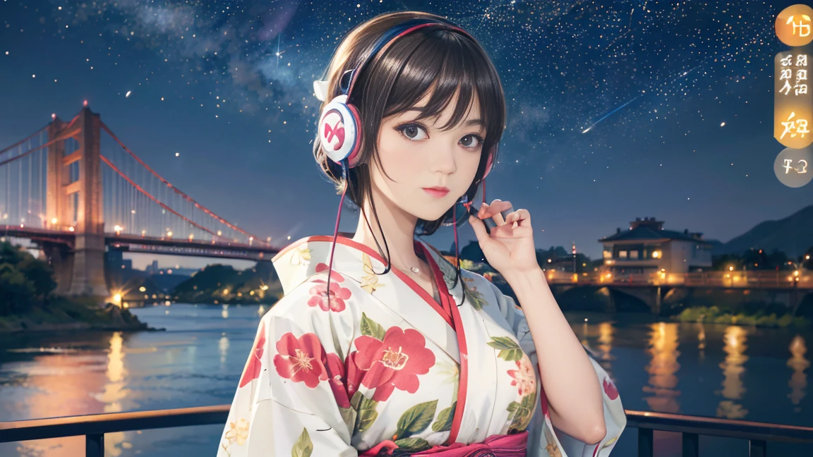 (Highest quality, 8k, masterpiece, High resolution), (whole body), Vibrant colors, ((wireless headphones, wearing wireless headphones)), Brown-black bob, Traditional round topknot, Ample breasts, (Highly detailed face and eyes, Beautiful Face, Beautiful Eyes, Beautiful nose, Pretty lips), (Beautiful woman standing on a riverside observation deck), A friendly gaze, Oh! Facial expression that, (Vivid floral patterned kimono), Official Art, The background is a wide river, Nearby bridge, Riverside streetscape, Mountains in the distance, ((night, starry sky)), Detailed CG,
