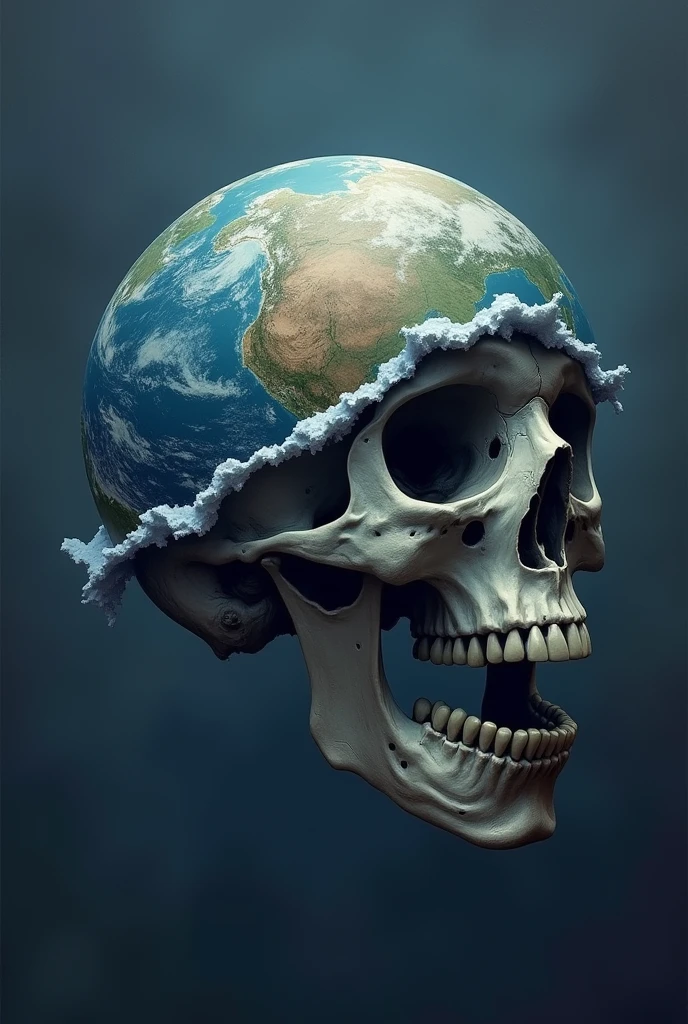 At the center of the image, The planet Earth, Drawn, avec les mers en bleu clair et les continents en bleu foncé.
Mais celle ci est déchirée, comme ci on y décollait une croûte de peau. Cette partie déchirée forme un arc de cercle qui part du mileu du côté droit de la terre, descends a little below the center and then goes up along the entire left side until a point located at the North Pole.
Almost the entire upper part of the planet seems to have been torn off, and in its place we see the top of a skull, from front shot, qui adopte vraiment la forme de la planète, et est visible aux deux tiers. Le crâne est sous la couche représentée par les oceans et les terress. The two eye sockets, and that of the nose protrudes from the torn pieces of planet Earth. The whole thing has the exact round shape of the planet Earth..
The background of the image is dark blue and tends towards light blue, le gris clair et le blanc, au fur et à mesure qu'on se rapproche du centre et donc du dessin de la planète.
Le dessin de la planète prend environ la moitié de l'image, Well centered in its center.