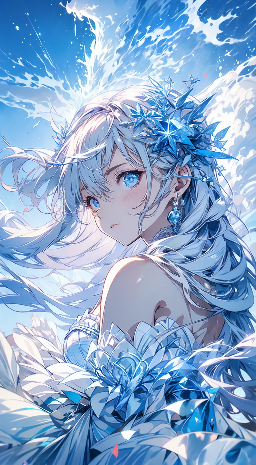 a girl with white long hair, beautiful sky blue eyes, wearing an ice jewellery, wearing a beautiful sky blue and white dress