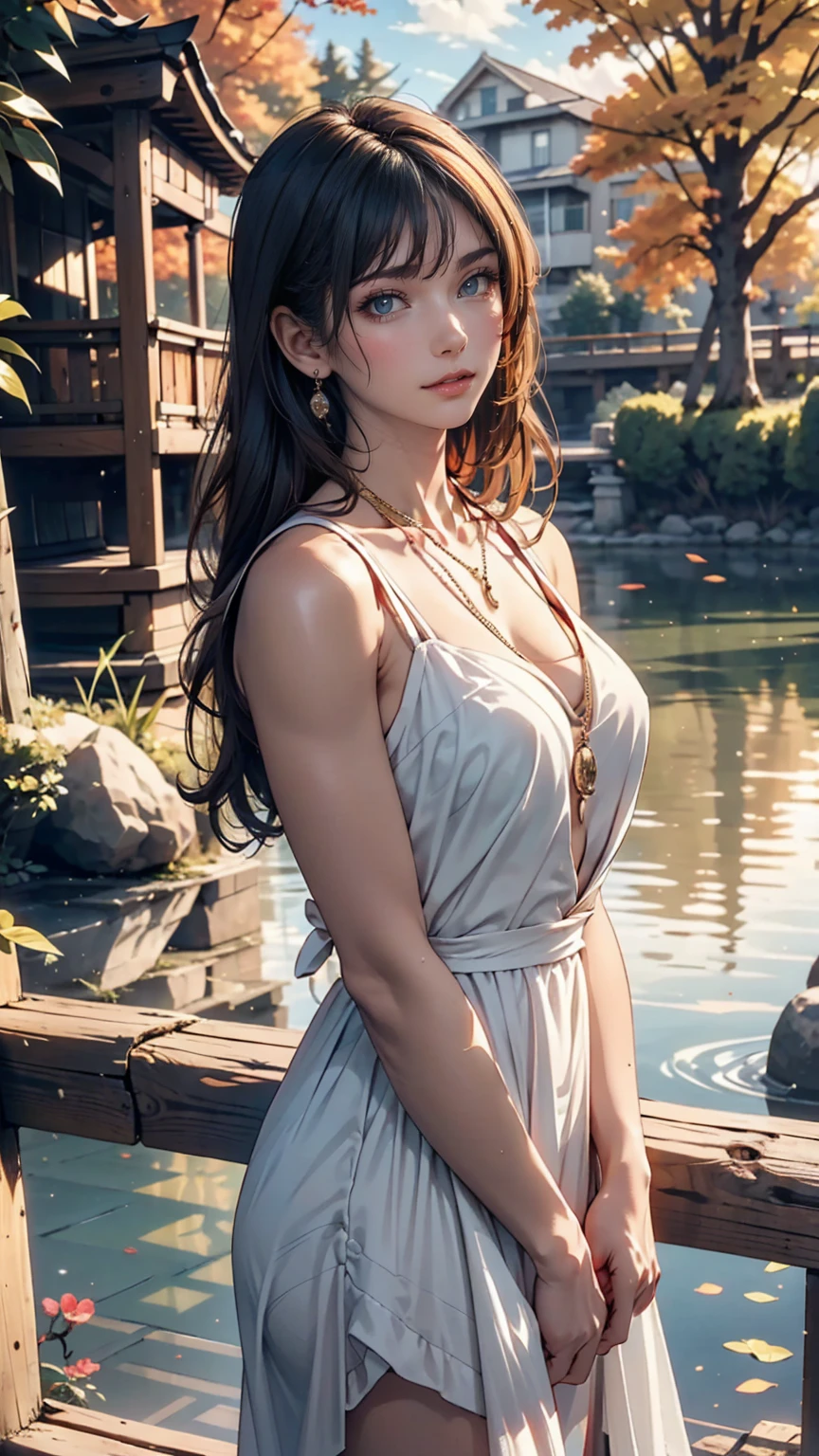 1 person, Calm expression, Captivating eyes, Straight Long Hair, loose fitting dress, Calm posture, Porcelain-like skin, A faint blush, Crystal Pendant BREAK Golden Hour, (Rim Light):1.2, Warm tones, Solar flare, Soft Shadows, Vibrant colors, Painterly effect, Dream-like atmosphere BREAK Beautiful lake, Distant Mountain々, Willow Tree, Calm water, reflection, Sunlit clouds, Peaceful atmosphere, Beautiful sunset, Super detailed, Official Art, unity 8k wallpaper , Tangled, Mandala