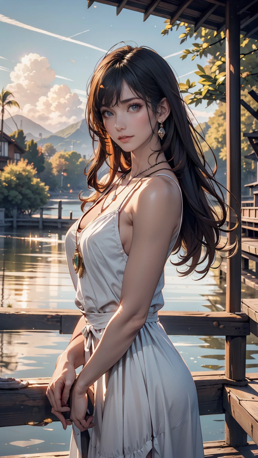 1 person, Calm expression, Captivating eyes, Straight Long Hair, loose fitting dress, Calm posture, Porcelain-like skin, A faint blush, Crystal Pendant BREAK Golden Hour, (Rim Light):1.2, Warm tones, Solar flare, Soft Shadows, Vibrant colors, Painterly effect, Dream-like atmosphere BREAK Beautiful lake, Distant Mountain々, Willow Tree, Calm water, reflection, Sunlit clouds, Peaceful atmosphere, Beautiful sunset, Super detailed, Official Art, unity 8k wallpaper , Tangled, Mandala