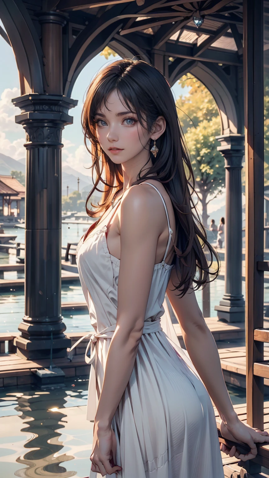 1 person, Calm expression, Captivating eyes, Straight Long Hair, loose fitting dress, Calm posture, Porcelain-like skin, A faint blush, Crystal Pendant BREAK Golden Hour, (Rim Light):1.2, Warm tones, Solar flare, Soft Shadows, Vibrant colors, Painterly effect, Dream-like atmosphere BREAK Beautiful lake, Distant Mountain々, Willow Tree, Calm water, reflection, Sunlit clouds, Peaceful atmosphere, Beautiful sunset, Super detailed, Official Art, unity 8k wallpaper , Tangled, Mandala