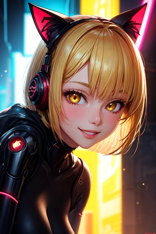 ((best quality)), ((masterpiece)), ((detailed)), 1girl, Beautiful anime woman, blond hair, bob haircut, bright yellow intimate eyes, dark dress with red details, Black headphones with red details and cat ears, face down, smiling subtly, neon lights, futuristic city. artistic style.