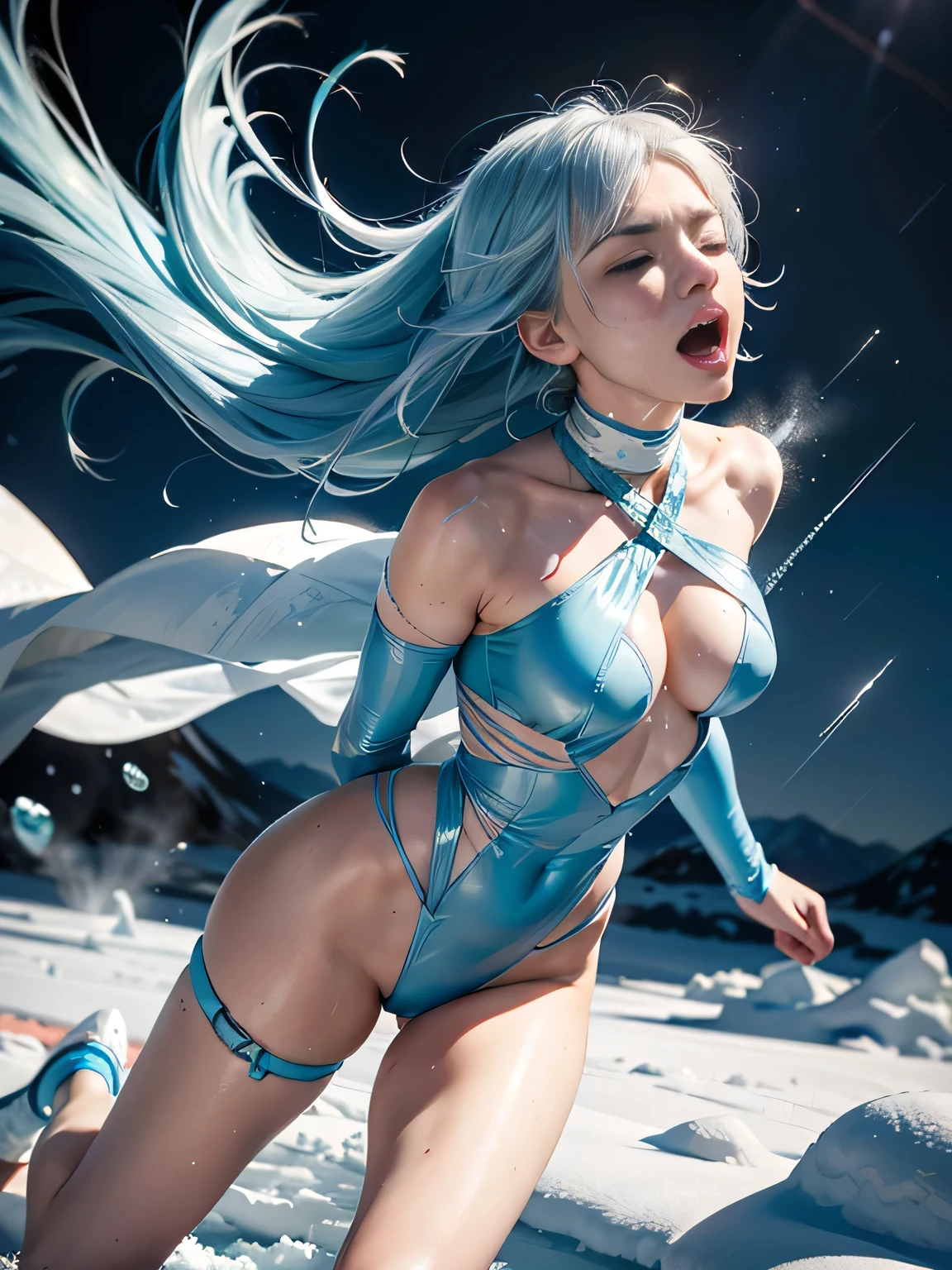 ice green long hair，Nice face，blue bikini armor，Heterochromatic pupil，fully body photo，Half moon beach