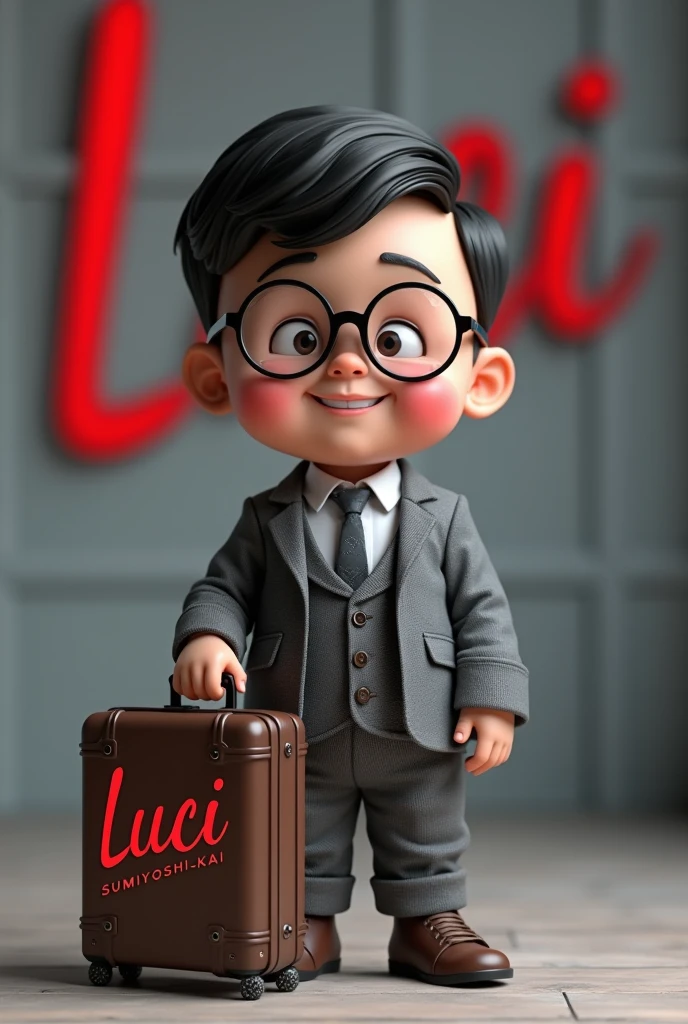 Create realistic 3rd image of 6 years old chubby boy wearing mafia style  and eye glasses and wearing  mafia outfit grey and white combination on it.name in  suitcase"SUMIYOSHI-KAI"3rd letter curve style on it. be careful to the spelling of each letter on it.and the background of grey wall and red letter 3rd 
letter  style  name "Luci"  be careful to the spelling of each letter on it 