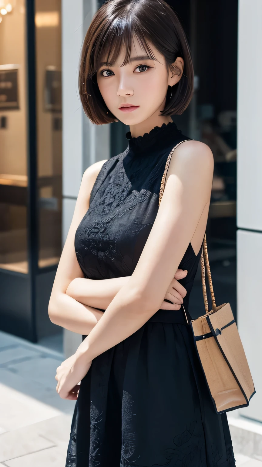 (Ultra-realistic), (figure), (High resolution), (8k), (Very detailed), (Best figure), (Beautiful and detailed), (Highest quality), (Super detailed), (masterpiece), (wallpaper), (Detailed face), alone, One Girl, watching viewer, Trendy dresses,Less exposure、Fine details, Detailed face, In the Dark, Deep Shadow, Modest, Pure Erotic Face Ace_v1, cool, short hair, Pointed diagonal bangs,shopping、Luxury Brands、Holding a shopping bag