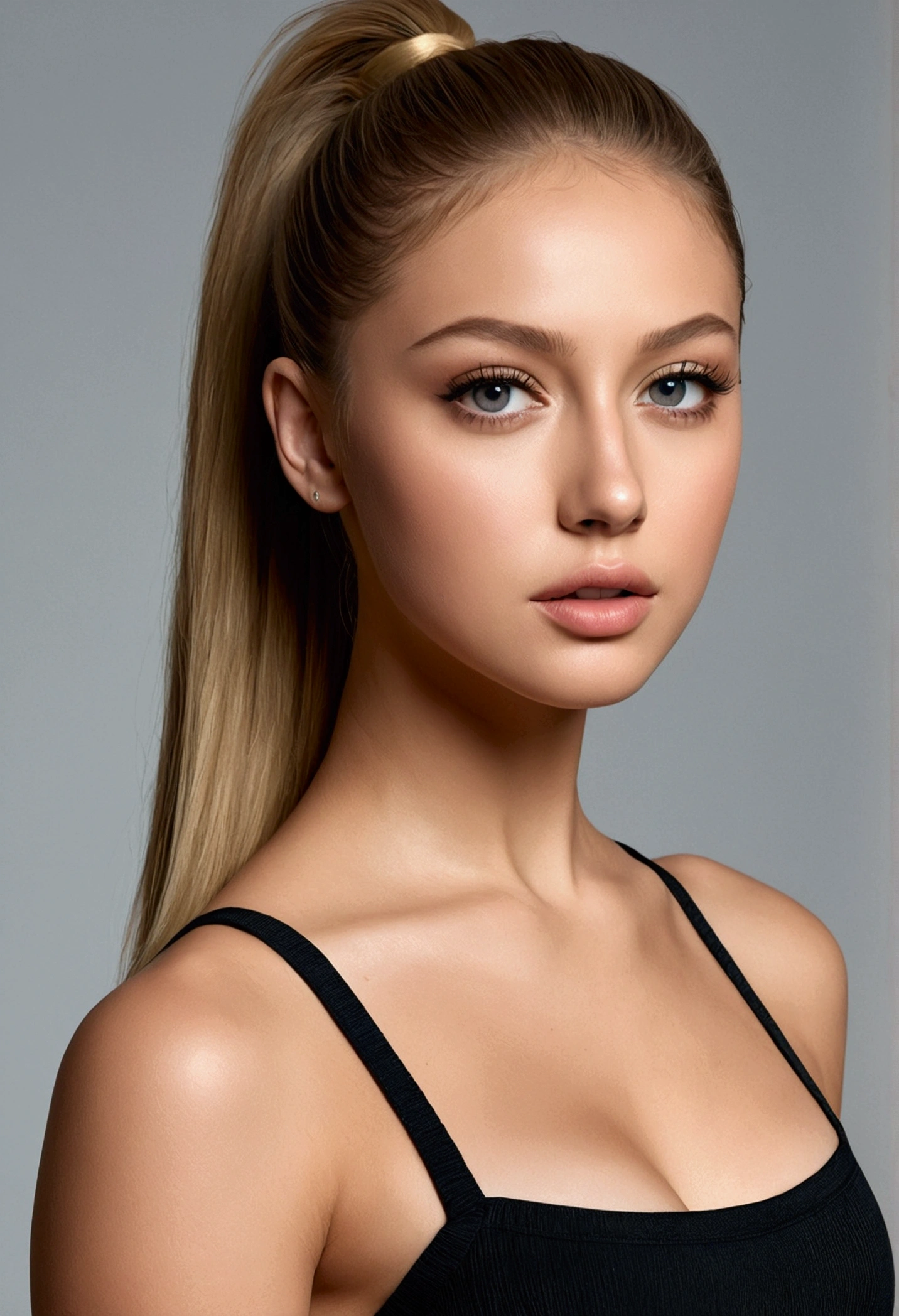 A very realistic and detailed photo of Ester Exposito wear a black short skirt light makeup,  long straight blonde hair, ponytail high quality photo 4k, very detailed, perfect fit, looking at the camera, detailed face, detailed eyes, 