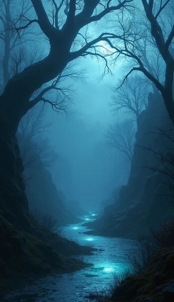 a mysterious thick fog in the dark magic river, moody dramatic lighting, dark fantasy landscape, gloomy atmospheric, fog mist, eerie glowing water, twisted dark trees, surreal dream-like, ultra-detailed,dark fantasy art,dramatic lighting,deep blue tones,cinematic mood