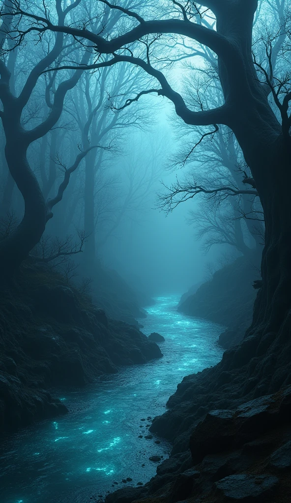 a mysterious thick fog in the dark magic river, moody dramatic lighting, dark fantasy landscape, gloomy atmospheric, fog mist, eerie glowing water, twisted dark trees, surreal dream-like, ultra-detailed,dark fantasy art,dramatic lighting,deep blue tones,cinematic mood