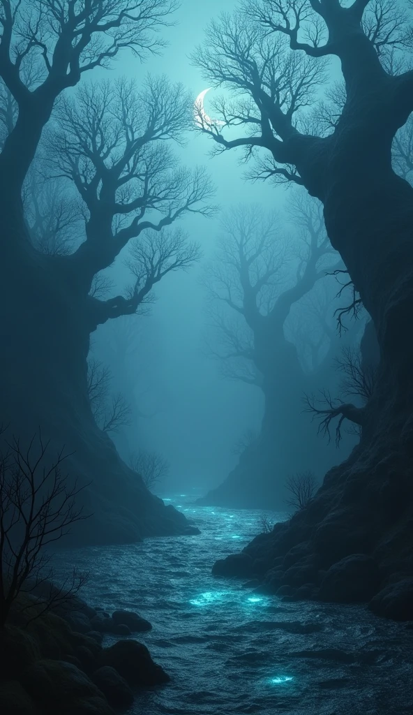 a mysterious thick fog in the dark magic river, moody dramatic lighting, dark fantasy landscape, gloomy atmospheric, fog mist, eerie glowing water, twisted dark trees, surreal dream-like, ultra-detailed,dark fantasy art,dramatic lighting,deep blue tones,cinematic mood