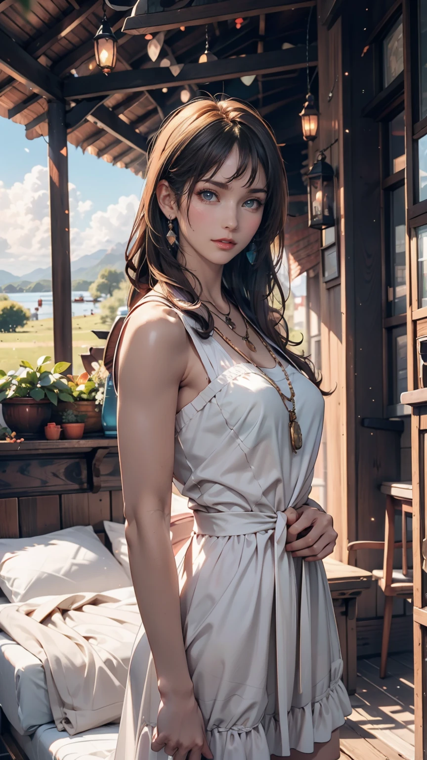 1 person, Calm expression, Captivating eyes, Straight Long Hair, loose fitting dress, Calm posture, Porcelain-like skin, A faint blush, Crystal Pendant BREAK Golden Hour, (Rim Light):1.2, Warm tones, Solar flare, Soft Shadows, Vibrant colors, Painterly effect, Dream-like atmosphere BREAK Beautiful lake, Distant Mountain々, Willow Tree, Calm water, reflection, Sunlit clouds, Peaceful atmosphere, Beautiful sunset, Super detailed, Official Art, unity 8k wallpaper , Tangled, Mandala