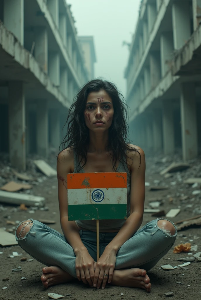 alone raped and bruised woman with tiranga in a demolished hospital on 🇮🇳 independence day