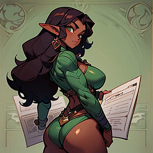 A age elf warrior girl
She has dark skin and long Curly and wine dark hair. She has a muscular and toned body with huge breasts and hourglass-shaped hips.
Dressed transparent erotic underwear with green trim
(((character sheet))) ((various views)) ((front and back) (Face detail) (full body