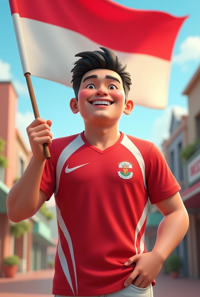 3D cartoon image , Cheerful style carrying the red and white flag of a handsome adult Indonesian man aged 30 years old, tall and fat, wearing a long-sleeved sports shirt with a red and white pattern, Happy Republic of Indonesia, casual , , high resolution 4K; realistic, original photo