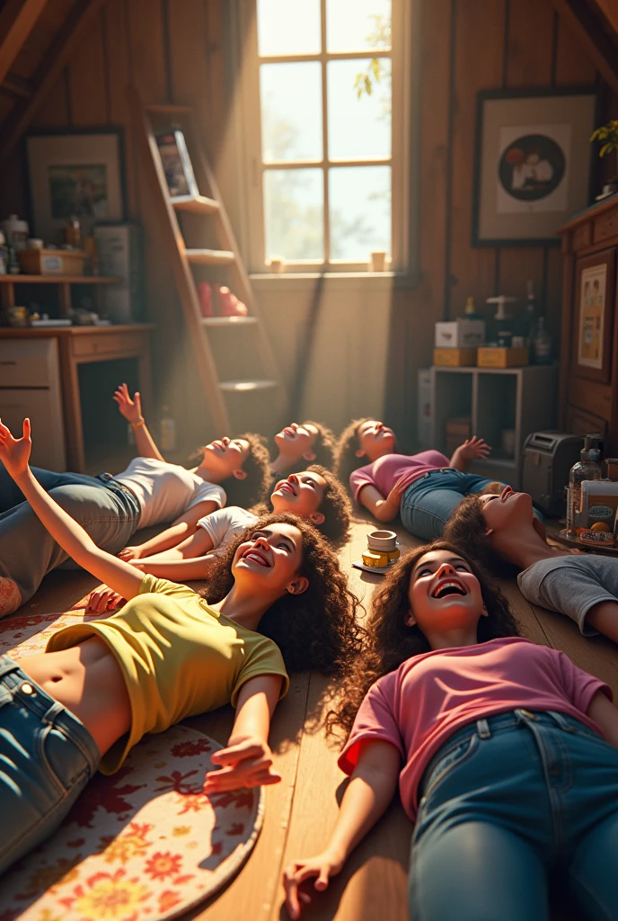 Young adult friends fallen down from attic on the floor