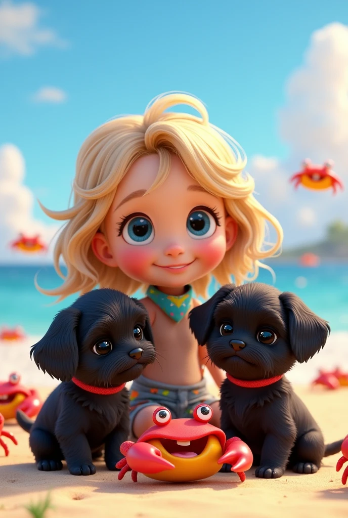 cute adorable 2 black shih tzu puppies, cute blonde girl, extremely detailed, big blue eyes, wearing colorful collar and bandana, getting bit by bright colorful crabs, 3D Pixar style, at beach, photorealistic, (best quality,8k,highres,masterpiece:1.2),ultra-detailed,(realistic:1.37),HDR,vivid colors,studio lighting