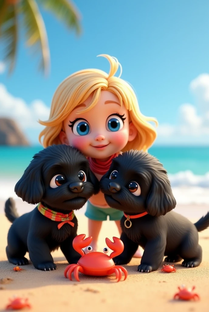 cute adorable 2 black shih tzu puppies, cute blonde girl, extremely detailed, big blue eyes, wearing colorful collar and bandana, getting bit by bright colorful crabs, 3D Pixar style, at beach, photorealistic, (best quality,8k,highres,masterpiece:1.2),ultra-detailed,(realistic:1.37),HDR,vivid colors,studio lighting