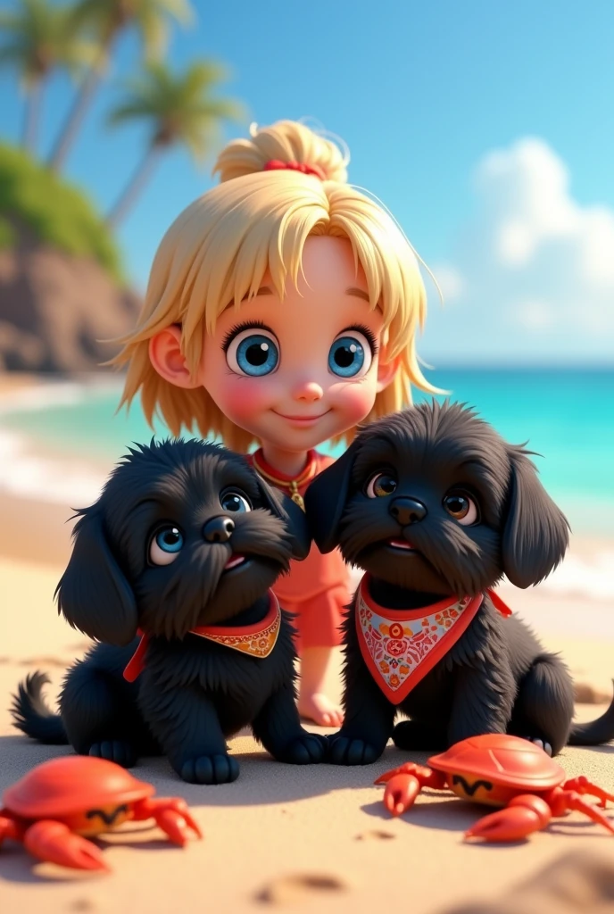 cute adorable 2 black shih tzu puppies, cute blonde girl, extremely detailed, big blue eyes, wearing colorful collar and bandana, getting bit by bright colorful crabs, 3D Pixar style, at beach, photorealistic, (best quality,8k,highres,masterpiece:1.2),ultra-detailed,(realistic:1.37),HDR,vivid colors,studio lighting