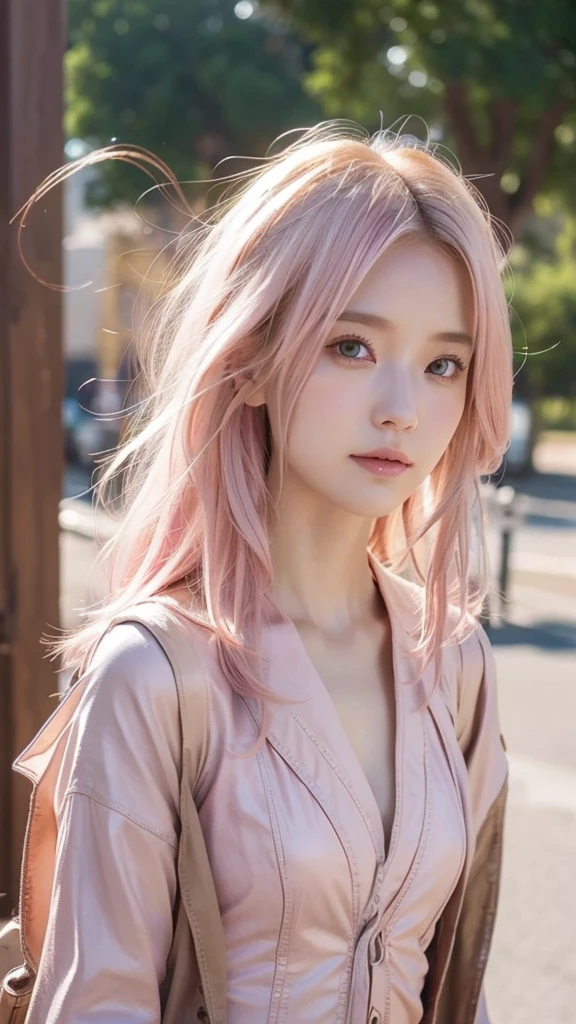 best quality, masterpiece, upper body, woman, blonde hair blown in the wind, shining eyes, steampunk nude style, thin clothes, pink clothes, pink hair