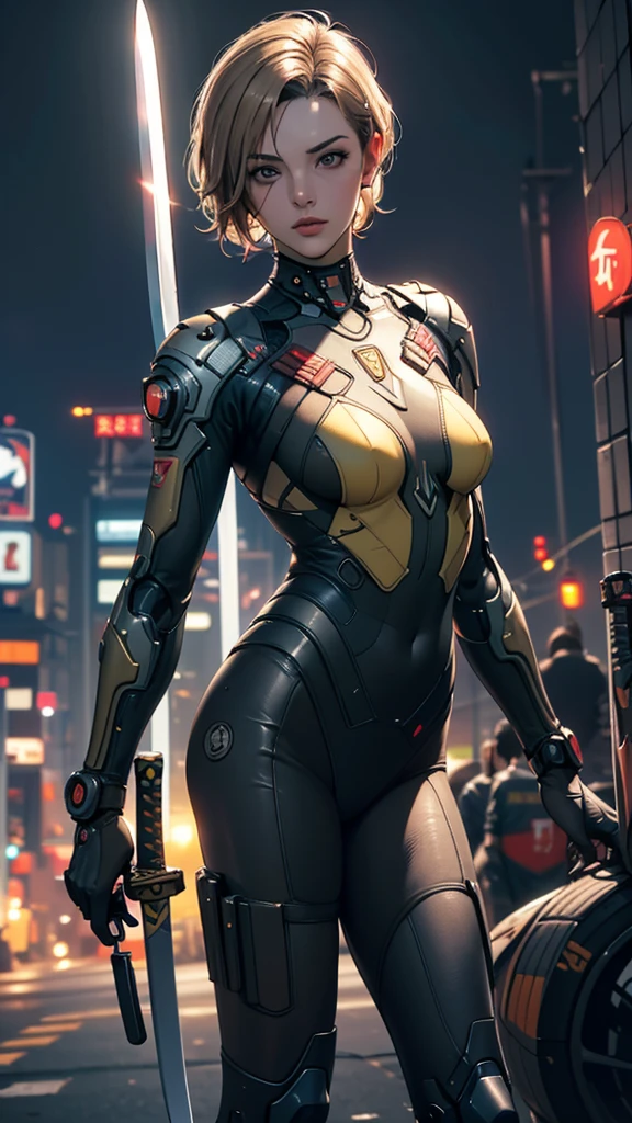 (((HD photo))), ultra high res.photorealistic:. 1.4, UHD, masterpiece, trending on artstation, (1woman, 35yo), pretty, cute face, most beautiful in the world, soft, delicate, (very short hair, blonde:1.3), small cute breasts , (wearing really yellow tactical detailed suit with bikini type, future mechanical tactical suit ), woman soldier:1.4, (running at night), ((holding with the weapons and Japanese sword:1.3), (night time, cyberpunk 2027 city background, highly saturated colors),