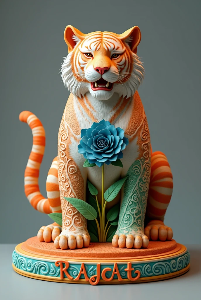 Create a 3D realistic decorative tiger sculpture that features intricate patterns of orange, white, green like the feathers of the Indian flag on one side and a central blooming small navy blue flower, while the other side has the tiger mouth, symbolizing Indianness. The word "Rajat " is clearly displayed in elegant orange letters on the base, with a subtle backlight illuminating the design against a soft grey background, 4 HDR quality picture.