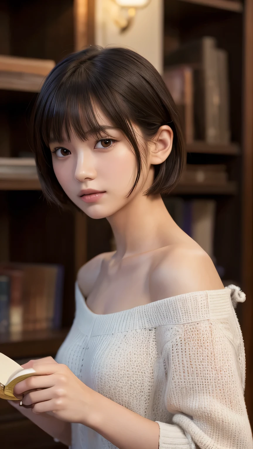 (ultra-realistic), (figure), (High resolution), (8k), (Very detailed), (Best figure), (Beautiful and detailed), (Highest quality), (Super detailed), (masterpiece), (wallpaper), (Detailed face), alone, One Girl, watching viewer, Trendy clothes，Less exposure、Fine details, Detailed face, In the Dark, Deep Shadow, modest, Pure Erotic Face Ace_v1, cool, short hair, Pointed diagonal bangs，Study at figure library、Looking at books、