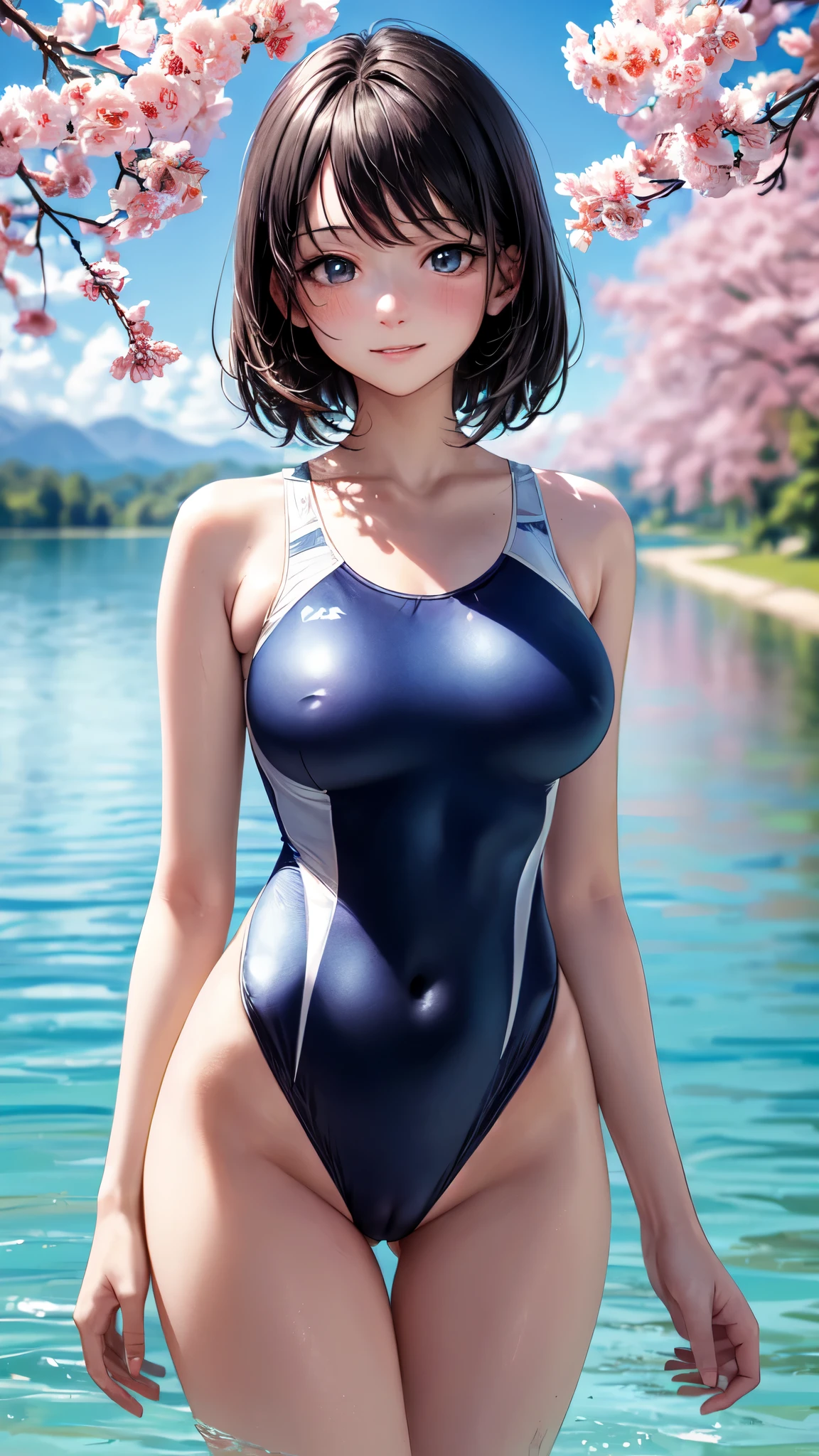 ((masterpiece,best quality,ultra detailed,high resolution)),(daytime,clear weather,bloom,front-light),((solo)),looking viewer,((beautiful-girl)),(black hair),(beautiful detailed face,beautiful detailed eyes),(finely detailed skin,fair skin),slender,light smile,shy,(one-piece competition swimsuit,blue-swimsuit,impossible clothes),(on the beautiful lake,beautiful sky),((cowboy shot)),(medium-breast,perky-breast,big-hip),(cameltoe),(puffy nipples:0.8)