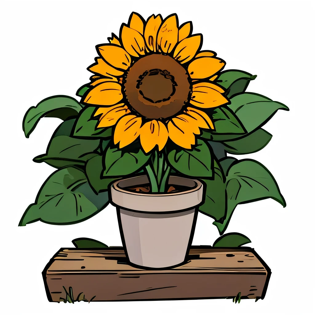 One sunflower. Plant pot. No people. White background.