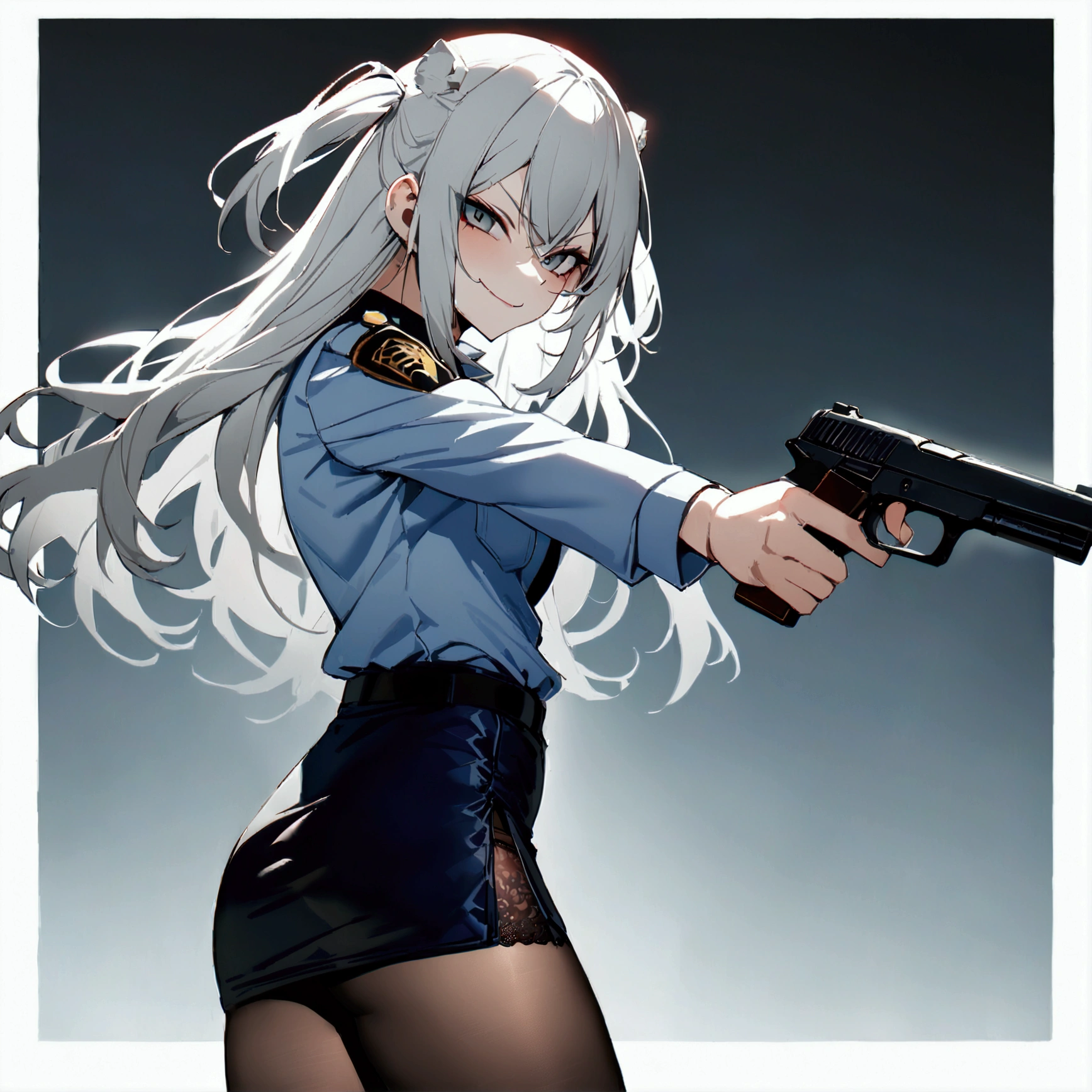 NSFW,masterpiece,Highest quality,High resolution,Super detailed,Shishirabotan\(Ho****ve\),Long Hair、Two Side Up,(((police costume))),lace panties,pantyhose,pencil skirt,evil smile,aiming pistol,standing,,looking viewer,from side