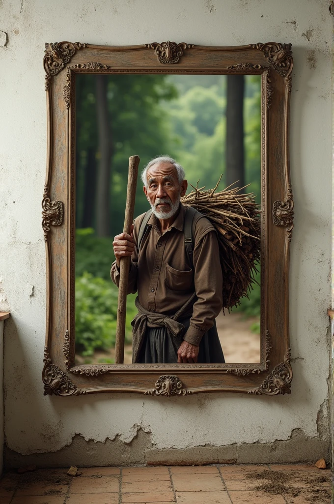 On a white wall with old, faded wallpaper is nailed a worn, old-fashioned wooden frame., taking up almost half of the image space, with a picture of a bent peasant holding on to a stick and carrying bundles of wood on his back, with a forest in the background.