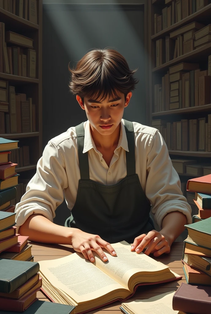 A young man is studying geographical mathematics books are surrounding and wide environment .