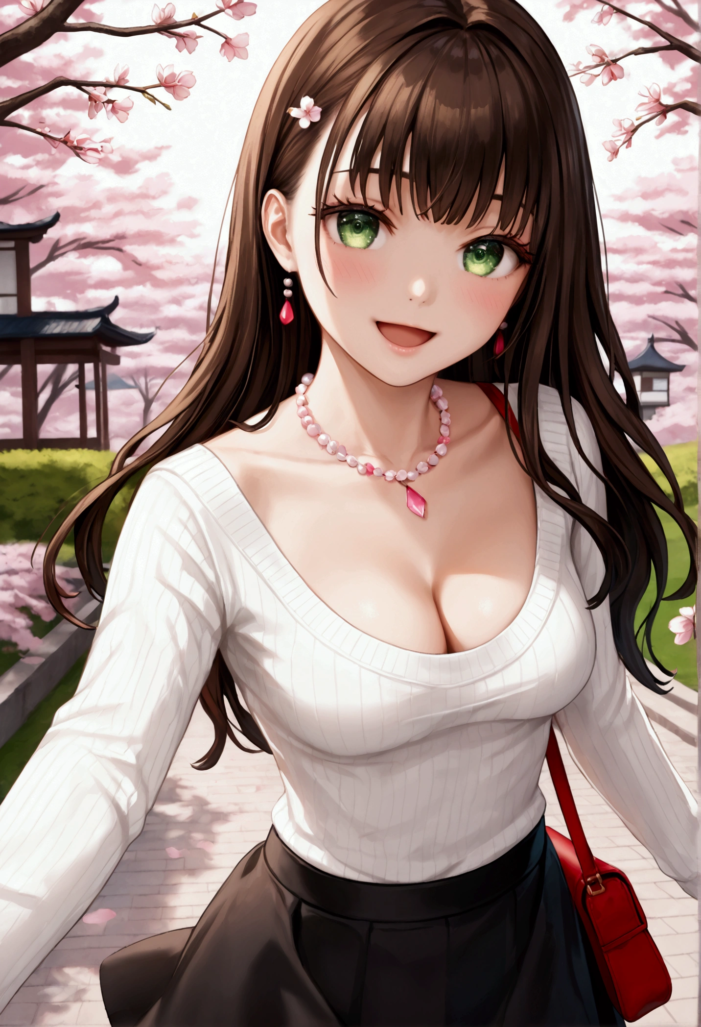 ((masterpiece, best quality, highres, UHD, RTX, perfect pixel, depth of field, 4k, extremely-detailed))), 1girl, single, solo, beautiful anime girl, beautiful artstyle, anime character, ((long hair, bangs, dark brown hair)), ((green eyes:1.4, rounded eyes, beautiful eyelashes, realistic eyes)), ((ethnicity Turkish)) ((detailed face, blushing:1.2)), ((smooth texture:0.75, realistic texture:0.65, photorealistic:1.1, anime CG style, vibrant color)), ((medium breasts, cleavage:0.9, busty)), dynamic angle, perfect body, ((POV, dynamic pose, portrait)), ((white sweater, long sleeve, black skirt, fashionable, single handbag, 1diamond necklace)), smile, open mouth, amusement park, ((cherry blossom tree, cherry blossoms fall))