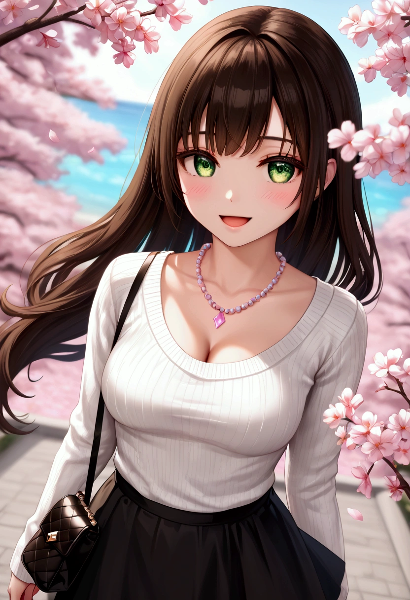 ((masterpiece, best quality, highres, UHD, RTX, perfect pixel, depth of field, 4k, extremely-detailed))), 1girl, single, solo, beautiful anime girl, beautiful artstyle, anime character, ((long hair, bangs, dark brown hair)), ((green eyes:1.4, rounded eyes, beautiful eyelashes, realistic eyes)), ((ethnicity Turkish)) ((detailed face, blushing:1.2)), ((smooth texture:0.75, realistic texture:0.65, photorealistic:1.1, anime CG style, vibrant color)), ((medium breasts, cleavage:0.9, busty)), dynamic angle, perfect body, ((POV, dynamic pose, portrait)), ((white sweater, long sleeve, black skirt, fashionable, single handbag, 1diamond necklace)), smile, open mouth, amusement park, ((cherry blossom tree, cherry blossoms fall))