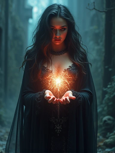 (A gorgeous 23-year-old Italian woman,cleavage,curvy body,ancient dark magic priestess,gothic,horror movie,spooky scene,hyperrealistic,photorealistic,best quality,8k,ultra-detailed,vivid colors,dramatic lighting,chiaroscuro,moody,cinematic)ethereal. ((Glowing energy in her hands))Lightning. Power.