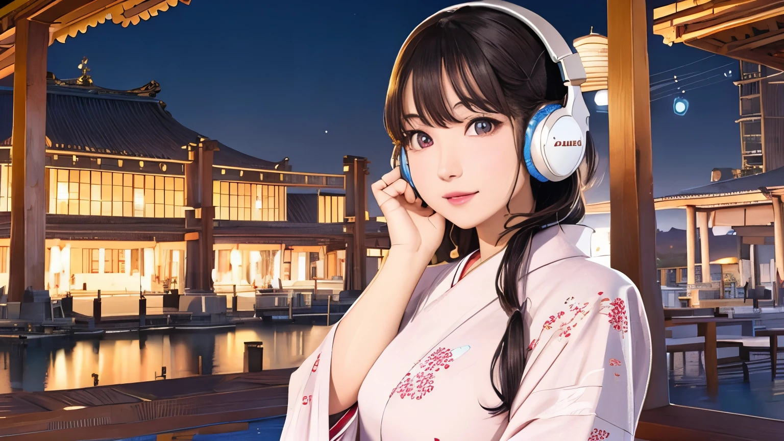(Logo, masterpiece, 8K, table top, RAW photo, amazing, top quality, photorealistic and highly detailed CG composite 8K wallpaper, high quality, highly detailed, narrative poetry, particle effects, dynamic effects, depth of borders, cinematic light, lens flare, ray tracing), (1 beautiful woman in yukata, white yukata, light purple pattern), (headphones, wearing headphones), with black hair, high-resolution skin, very fine, fine-textured skin, beautiful face, real face, beautiful detail in eyes, real eyes, beautifully detailed eyes, real skin, beautiful skin, surreal, smiling eyes, Hair and Lights eyes, crisp, colourful lights and bokeh, plump lower lip, pink lips, Hair flutters in wind, hair bounces, great view, night, evening, wind, moon lights, lights