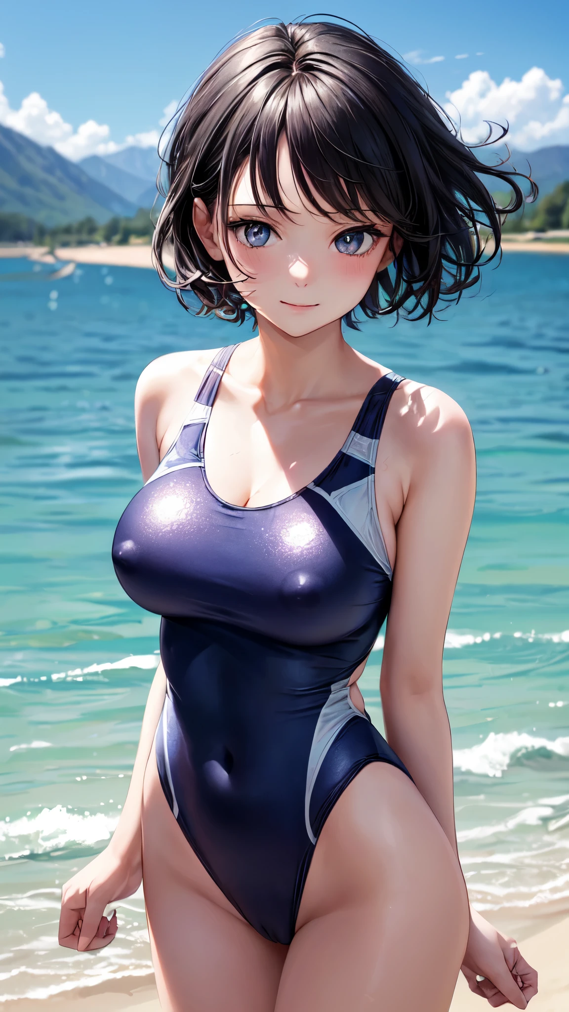 ((masterpiece,best quality,ultra detailed,high resolution)),(daytime,clear weather,bloom,front-light),((solo)),looking viewer,((beautiful-girl)),(black hair),(beautiful detailed face,beautiful detailed eyes),(finely detailed skin,fair skin),slender,light smile,shy,(one-piece competition swimsuit,blue-swimsuit,impossible clothes),(on the beautiful lake,beautiful sky),((cowboy shot)),(medium-breast,perky-breast,big-hip),(cameltoe),(puffy nipples:0.8)
