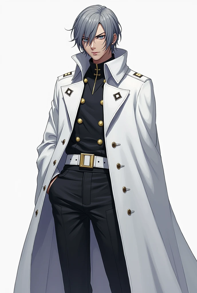 Slightly dark skinned male with shoulders length dark silver hair, and grey eyes, wears a white, double-breasted trench coat underneath a long white cape. The coat is fastened by three buttons emblazoned with the Quincy Zeichen on either side and a white belt with a gold buckle around the waist. Its shoulders are clasped to its neck, and the inside of the collar features a rectangular sigil on either side.