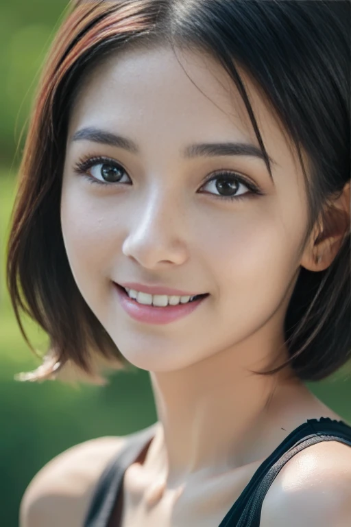 ((masterpiece, top quality, high definition)), 1 girl, (photorealistic: 1. 4), solo, happy smile, nice dark hair, short hair, big eyes, clear double eyelids, long eyelashes, ears out, ((face (close-up)), (head, shoulders all drawn), attractive proportions, glowing skin, clean collarbone, perfect face, mole on tear trough, camera slightly turned up,UHD, seductive cleavage, 