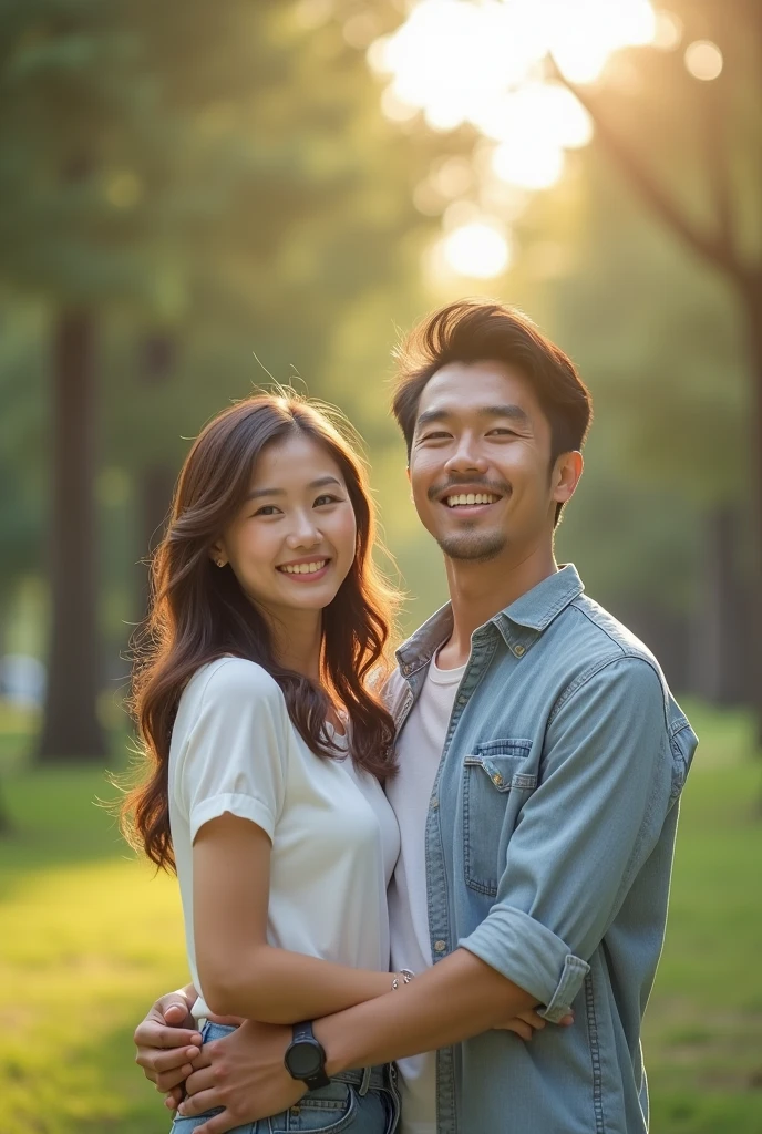 Asian couple in the park,Happy expression,Behind is a pine forest,sunny,front,Fujifilm lenses