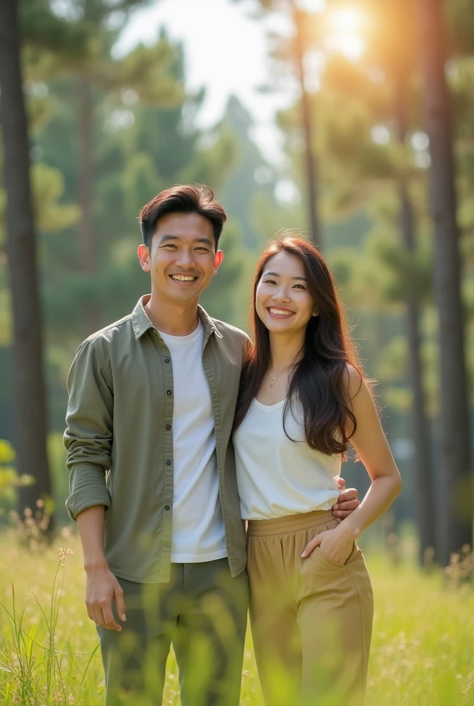 Asian couple in the park,Happy expression,Behind is a pine forest,sunny,front,Fujifilm lenses