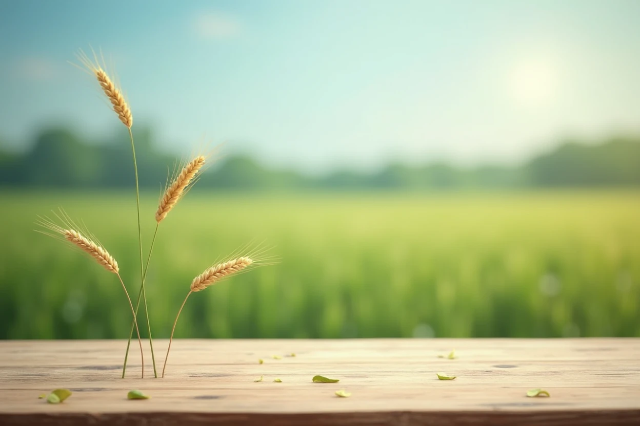 Create a social media ad for an empty wooden surface with a few flying wheats and a blurry green wheat field in the background realistic blue gold colour scheme