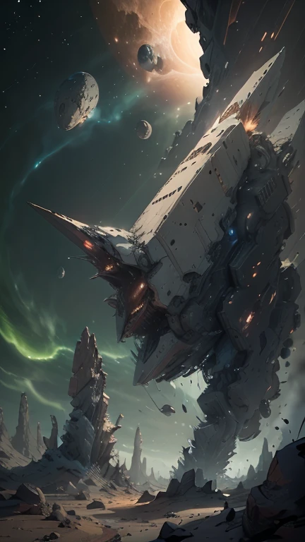 Fantasy，On a different planet，A massive and beautiful spaceship stands still.，The spaceship is broken，Outside the spacecraft, A beautiful female astronaut is making repairs，Flat Chest，Young face，Young body，There are a lot of wrecked spaceships，Expansiveness，Great details，Cinema Lenses，Wide-angle composition，Hazy，starry skies，Indian mythology，laser，Aurora，Shattered rocks fly everywhere.