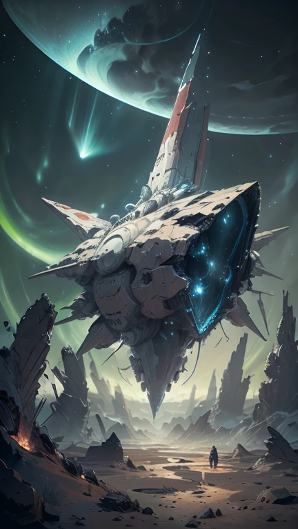 Fantasy,On a different planet,A massive and beautiful spaceship stands still.,The spaceship is broken,Outside the spacecraft, A beautiful female astronaut is making repairs,Flat Chest,Young face,Young body,There are a lot of wrecked spaceships,Expansiveness,Great details,Cinema Lenses,Wide-angle composition,Hazy,starry skies,Indian mythology,laser,Aurora,Shattered rocks fly everywhere.