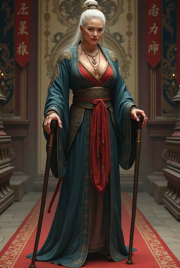 70 years old,Big breasts,Tang Dynasty,Black dragon pattern,High martial arts,Faucet crutches,Female master。
