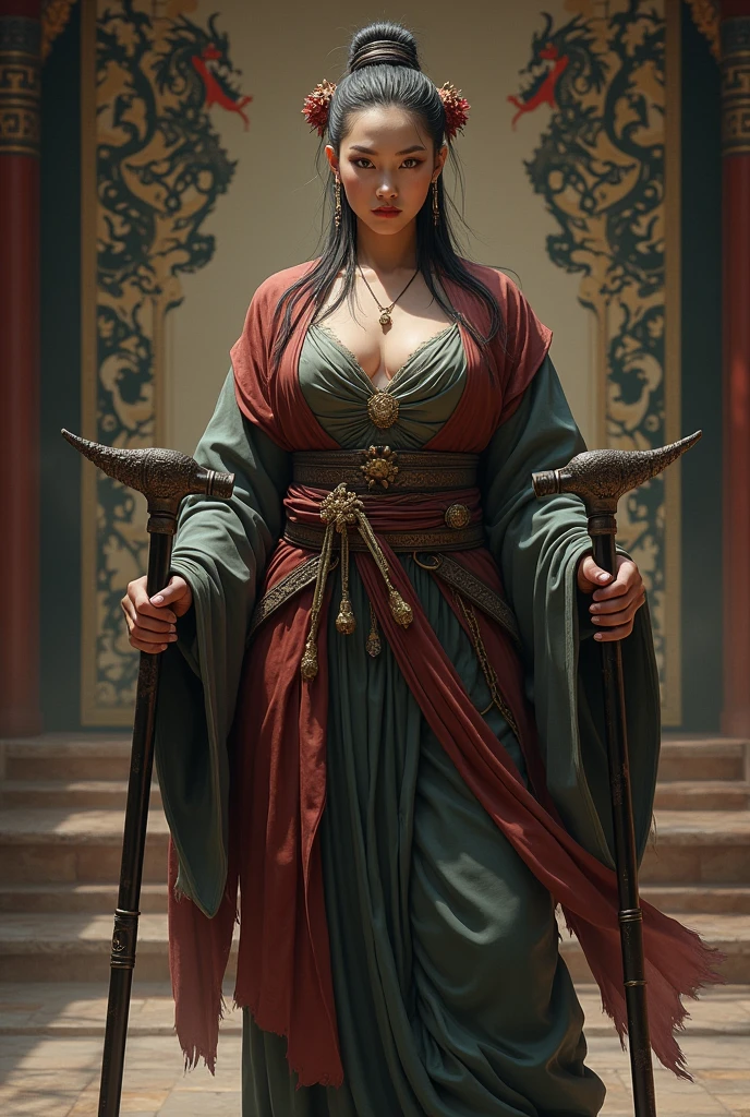 70 years old,Big breasts,Tang Dynasty,Black dragon pattern,High martial arts,Faucet crutches,Female master。